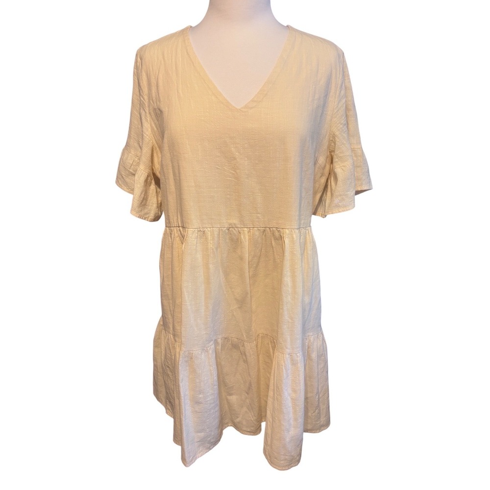 New Fancyinn Babydoll Dress Women L‎ Cream Excellent Tiered Ruffle Sleeve V-Neck